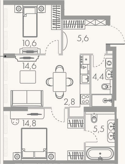Планировка: 3-к, 62,7 м²