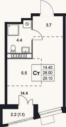 Планировка: Студия, 28 м²
