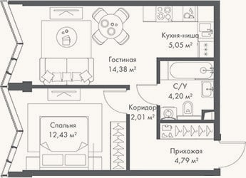 Планировка: 2-к, 42,9 м²