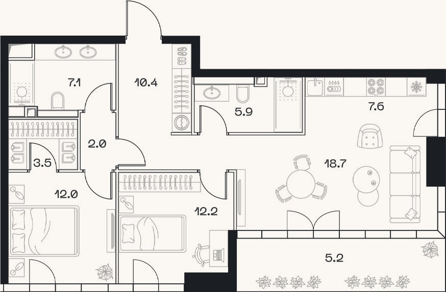 Планировка: 3-к, 79,4 м²