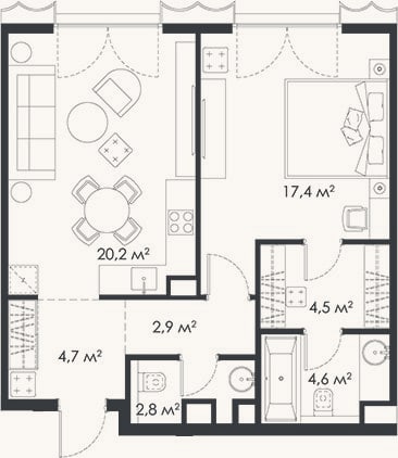 Планировка: 2-к, 57,1 м²
