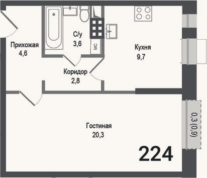 Планировка: 1-к, 41 м²
