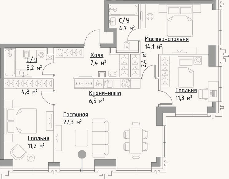 Планировка: 4+ к, 94,9 м²