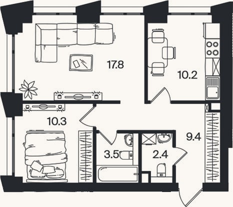 Планировка: 2-к, 53,6 м²