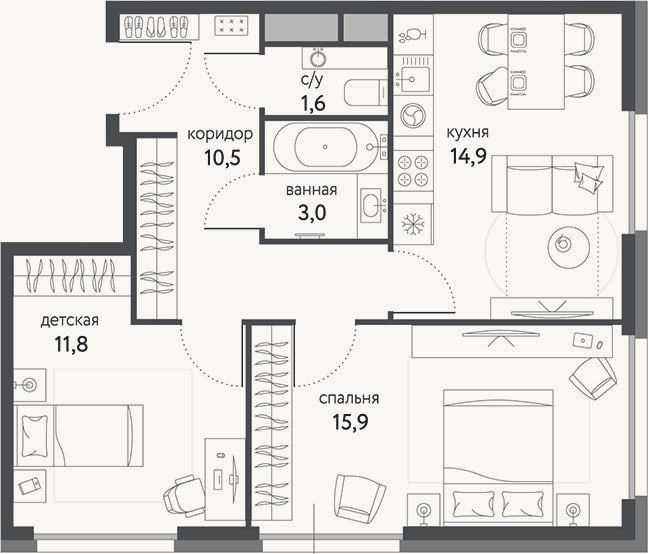 Планировка: 2-к, 57,7 м²