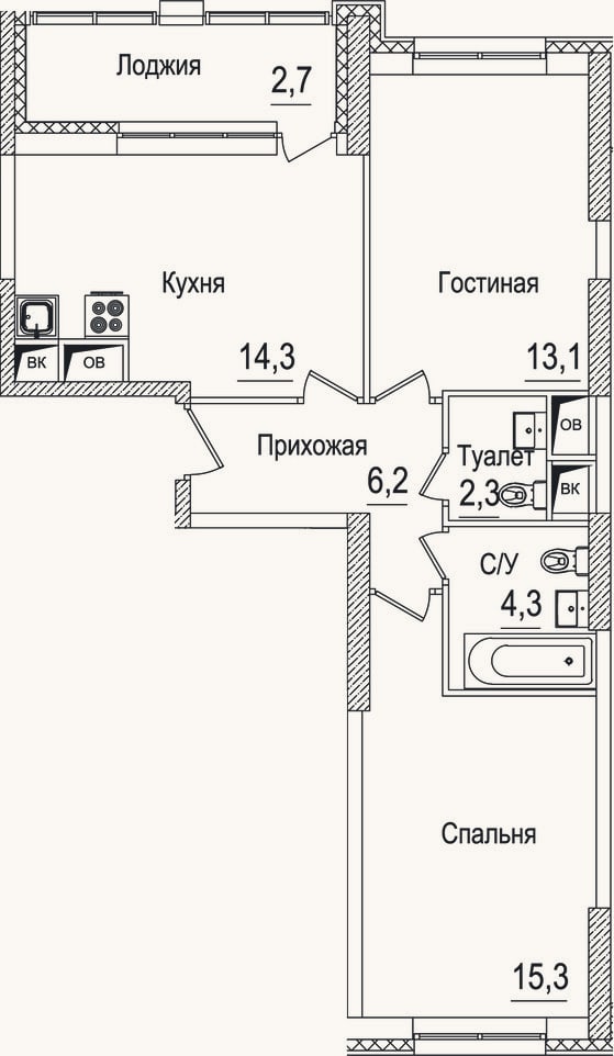 Планировка: 2-к, 56 м²