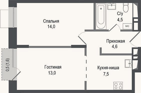 Планировка: 2-к, 43,6 м²