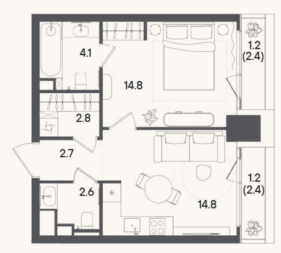 Планировка: 1-к, 41 м²