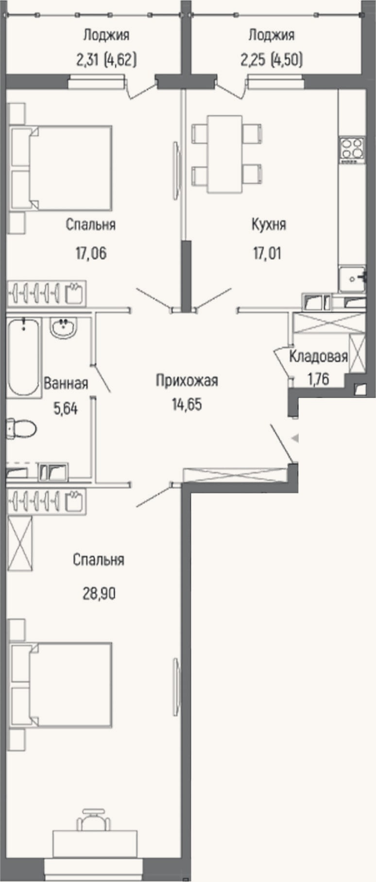 Планировка: 2-к, 85 м²