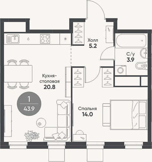 Планировка: 2-к, 43,9 м²