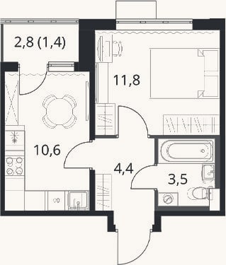 Планировка: 1-к, 30,3 м²