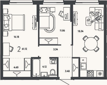 Планировка: 2-к, 61,1 м²