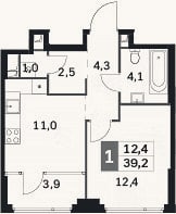 Планировка: 1-к, 35,3 м²