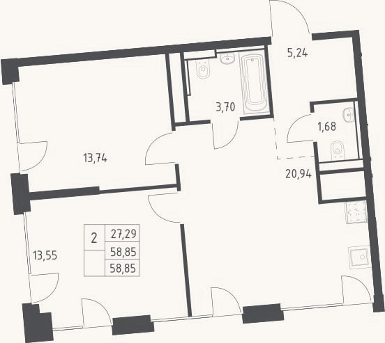 Планировка: 3-к, 58,9 м²