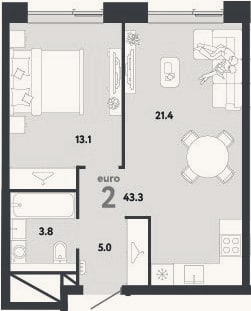 Планировка: 2-к, 43,3 м²