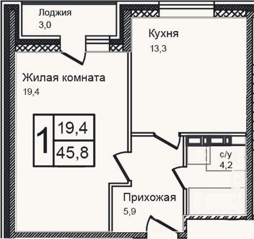 Планировка: 1-к, 42,8 м²