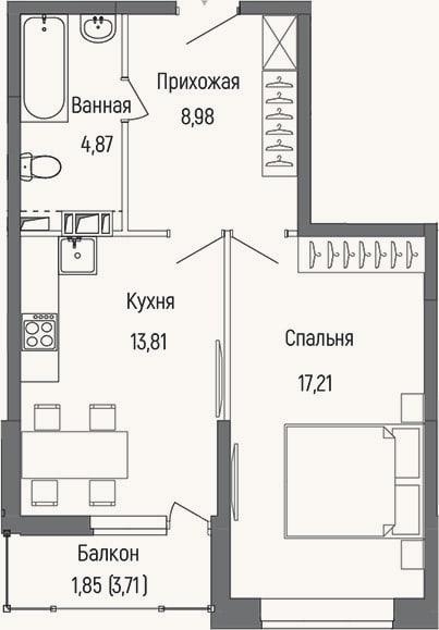Планировка: 1-к, 44,9 м²