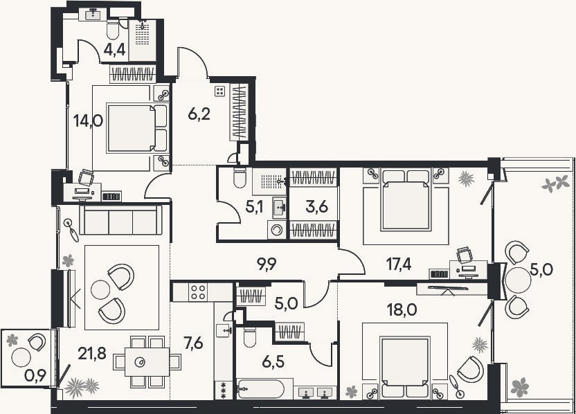 Планировка: 4+ к, 119,5 м²