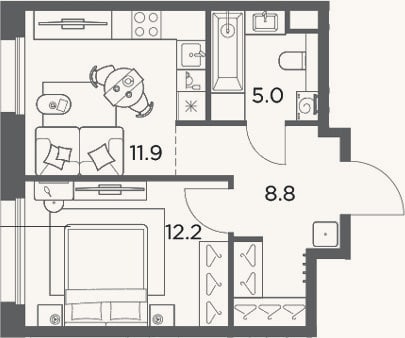 Планировка: 1-к, 37,9 м²