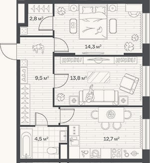 Планировка: 2-к, 57,6 м²