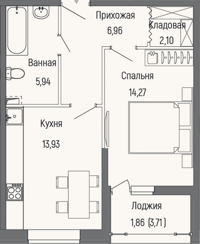 Планировка: 1-к, 43,2 м²