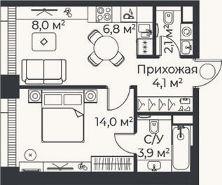 Планировка: 2-к, 39 м²