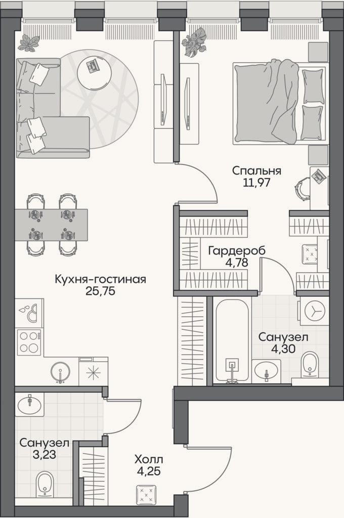 Планировка: 2-к, 53,8 м²