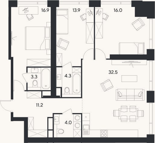 Планировка: 4+ к, 102,1 м²