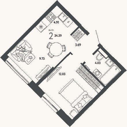 Планировка: 2-к, 34,4 м²