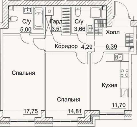 Планировка: 2-к, 67,1 м²