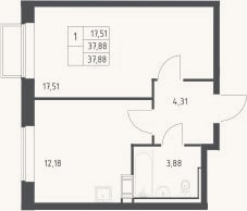 Планировка: 1-к, 37,9 м²