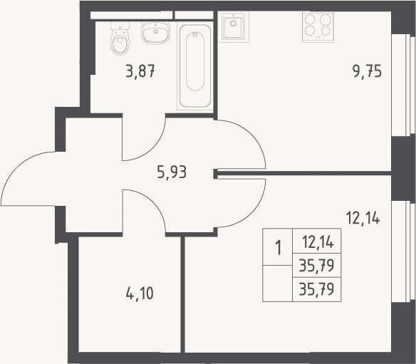 Планировка: 1-к, 35,8 м²