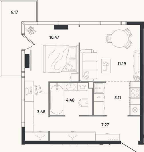 Планировка: 1-к, 42,2 м²