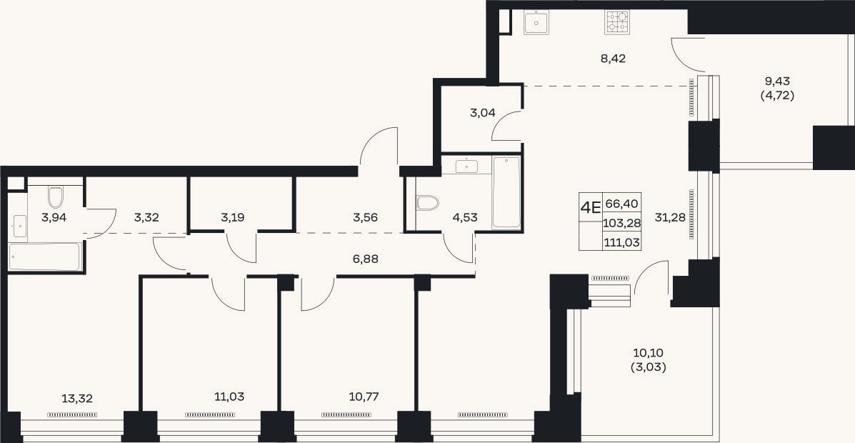 Планировка: 4+ к, 103,3 м²