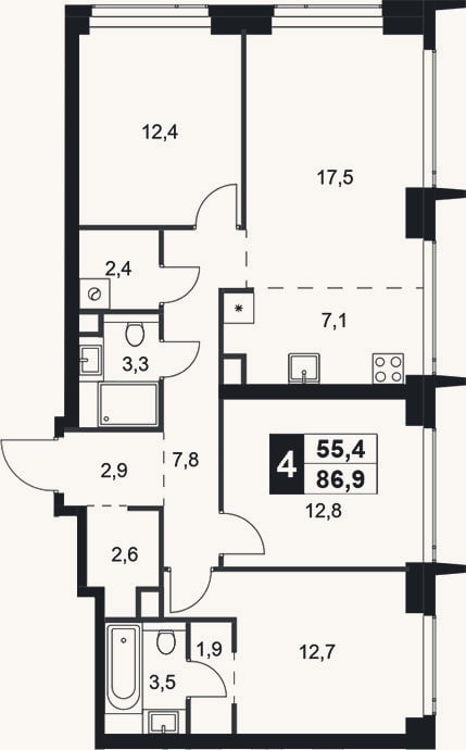 Планировка: 4+ к, 86,9 м²