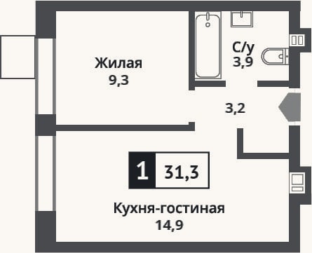 Планировка: 2-к, 31,3 м²