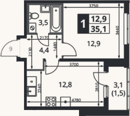 Планировка: 1-к, 34,2 м²