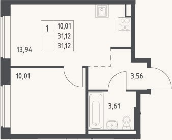 Планировка: 1-к, 31,1 м²
