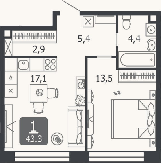 Планировка: 2-к, 43,3 м²