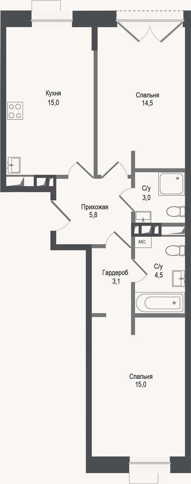 Планировка: 2-к, 60,9 м²