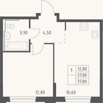 Планировка: 2-к, 37,8 м²