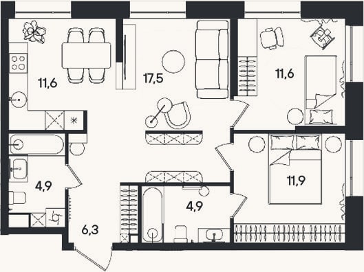 Планировка: 3-к, 68,7 м²