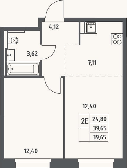 Планировка: 2-к, 39,7 м²