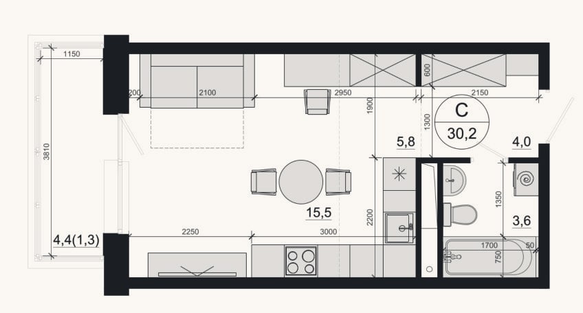 Планировка: Студия, 28,9 м²