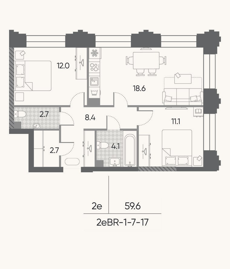 Планировка: 3-к, 59,6 м²