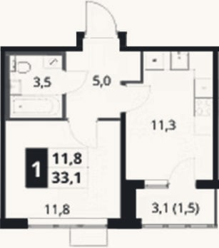 Планировка: 1-к, 31,6 м²