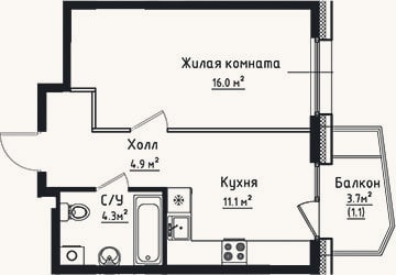 Планировка: 1-к, 36,3 м²