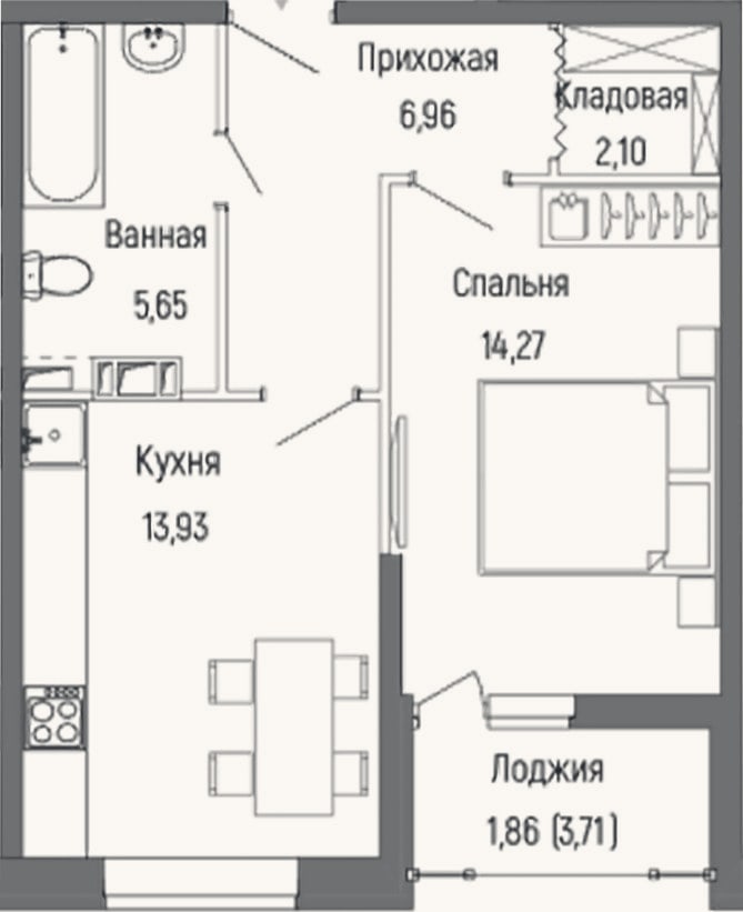 Планировка: 1-к, 42,9 м²