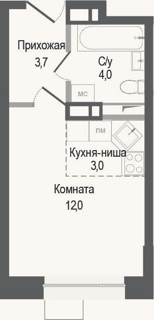 Планировка: Студия, 22,7 м²