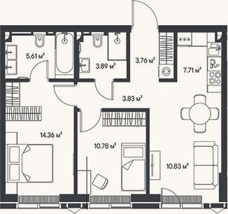 Планировка: 3-к, 60,8 м²